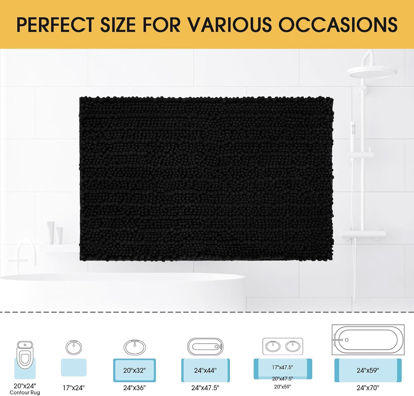 ACCUMTEK Upgrade Luxury Black Bathroom Rug Mat 32"x20", Ultra Soft Thick Absorbent Bath Mats, Non Slip Chenille Toilet Mat for Bathroom, Bedroom, Kitchen, Shower, Tub