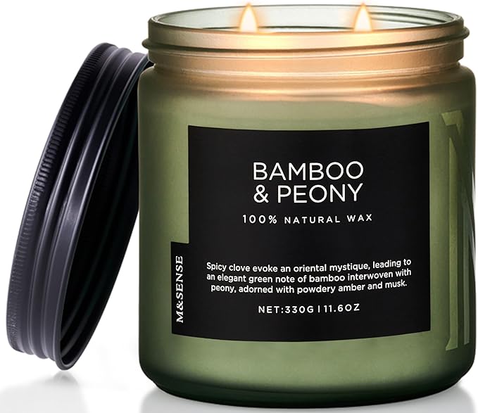 M&SENSE Bamboo Peony Scented Candle, 11.6oz Aromatherapy Jar Candle, 70 Hour by MSENSE