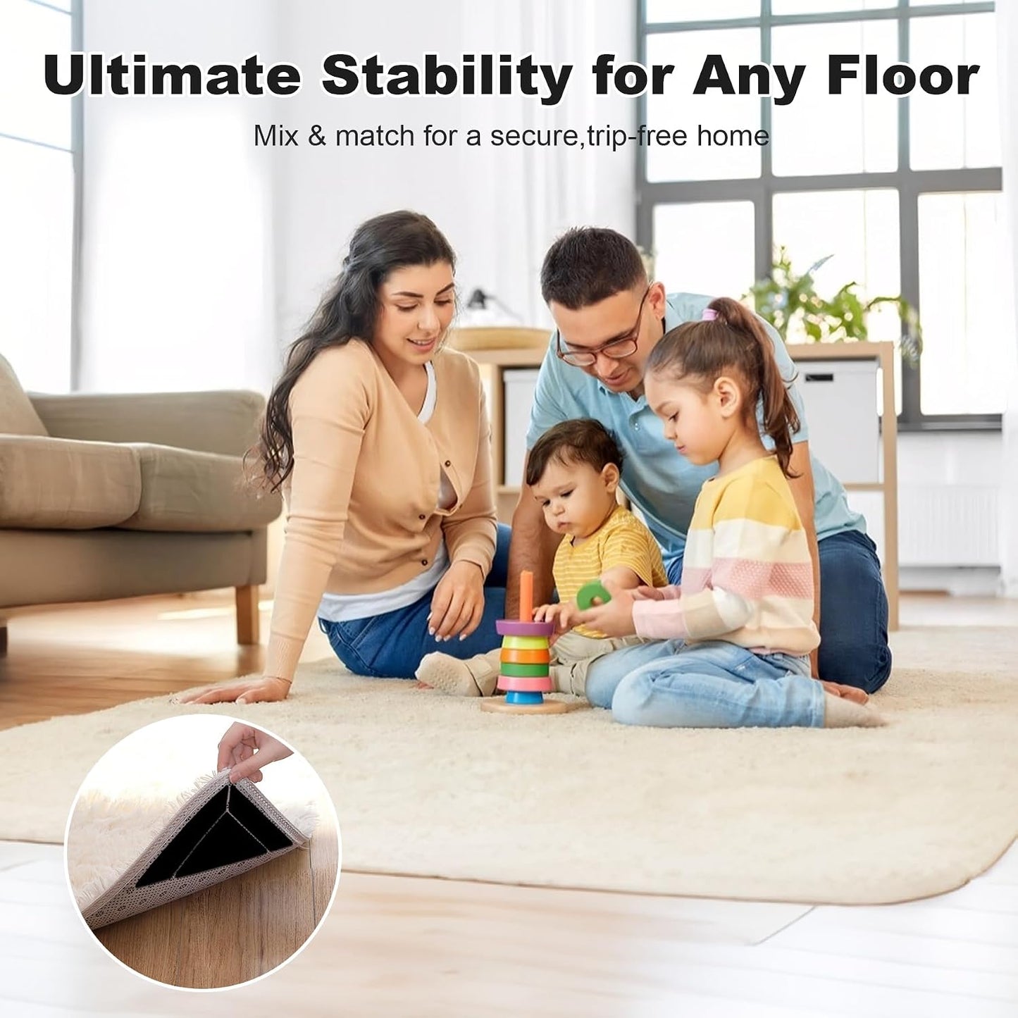 14PCS Rug Grippers for Hardwood Floors, Non Slip Corner Rug Tape | Triangle, Trapezoid & Square Design.Adhesive Rug Pads for Tiles & Area Rugs.Removable Double Sided Floor Grippers