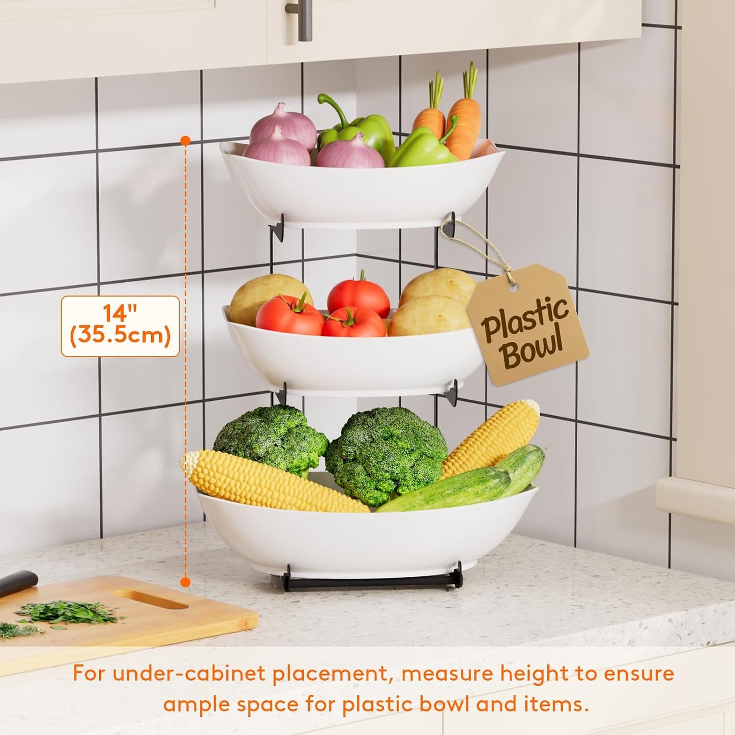 Lifewit 3 Tier Fruit Bowl for Kitchen Counter, Tiered Plastic Serving Tray | Fruit Holder with Black Metal Stand for Countertop, Tiered Serving Platters for Vegetables, Cakes, Parties & Buffets Display
