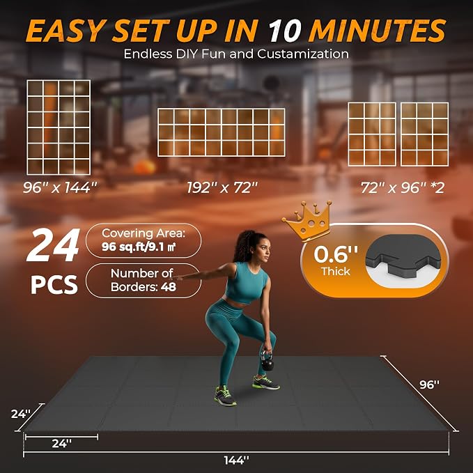 PRAISUN 0.6" Thicker Gym Mat, 24 Tiles 96 Sq Ft Workout Mats, Interlocking Foam - Image 5