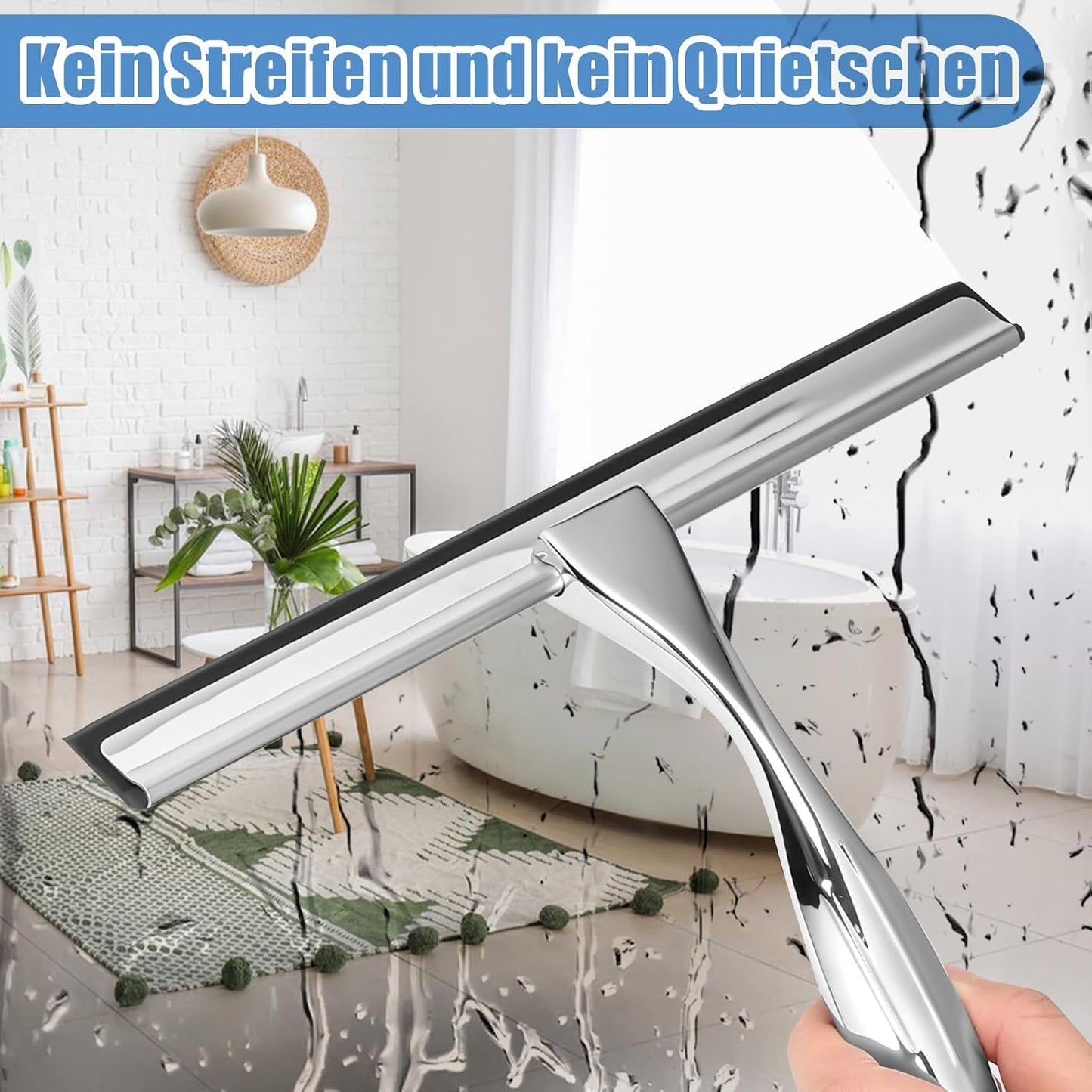 Wlich Silver Shower Squeegee, 10" Blade, 7.2" Handle, Stainless Steel, Easy to Use, Streak-Free Clean, 19201454011