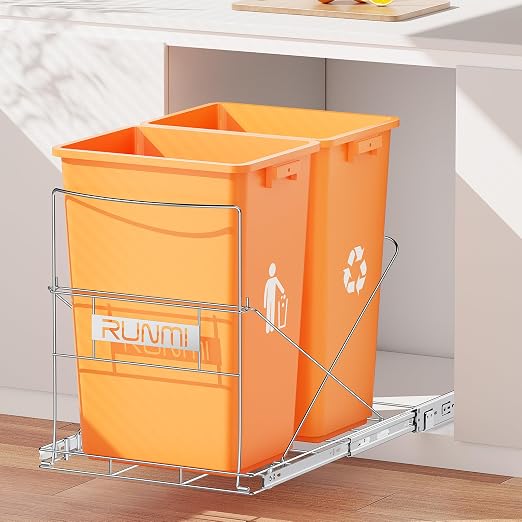 Double 37 Quart Pull Out Trash Can Under Cabinet, Under Sink Trash Rack by RUNMI