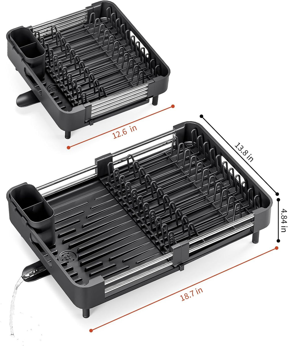 TOOLF Expandable Dish Drying Rack for Kitchen Counter, Standard, Black