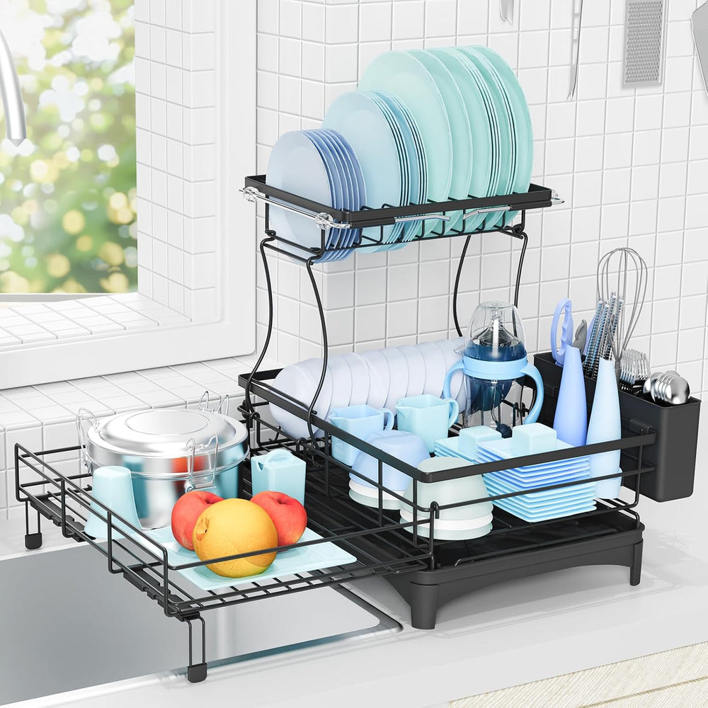 Dish Drying Rack for Kitchen Counter, Extendable Dish Rack with Drainboard, K...