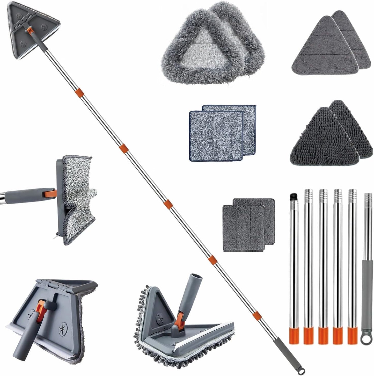 Upgraded Wall Cleaner Mop & Baseboard Cleaning Tool with 98" Long Handle, Duster Mop for Painted Wall, Ceilings, Windows, Floor, 2-in-1 Triangle & Rectangle Head with Squeegee, 10 Washable Pads