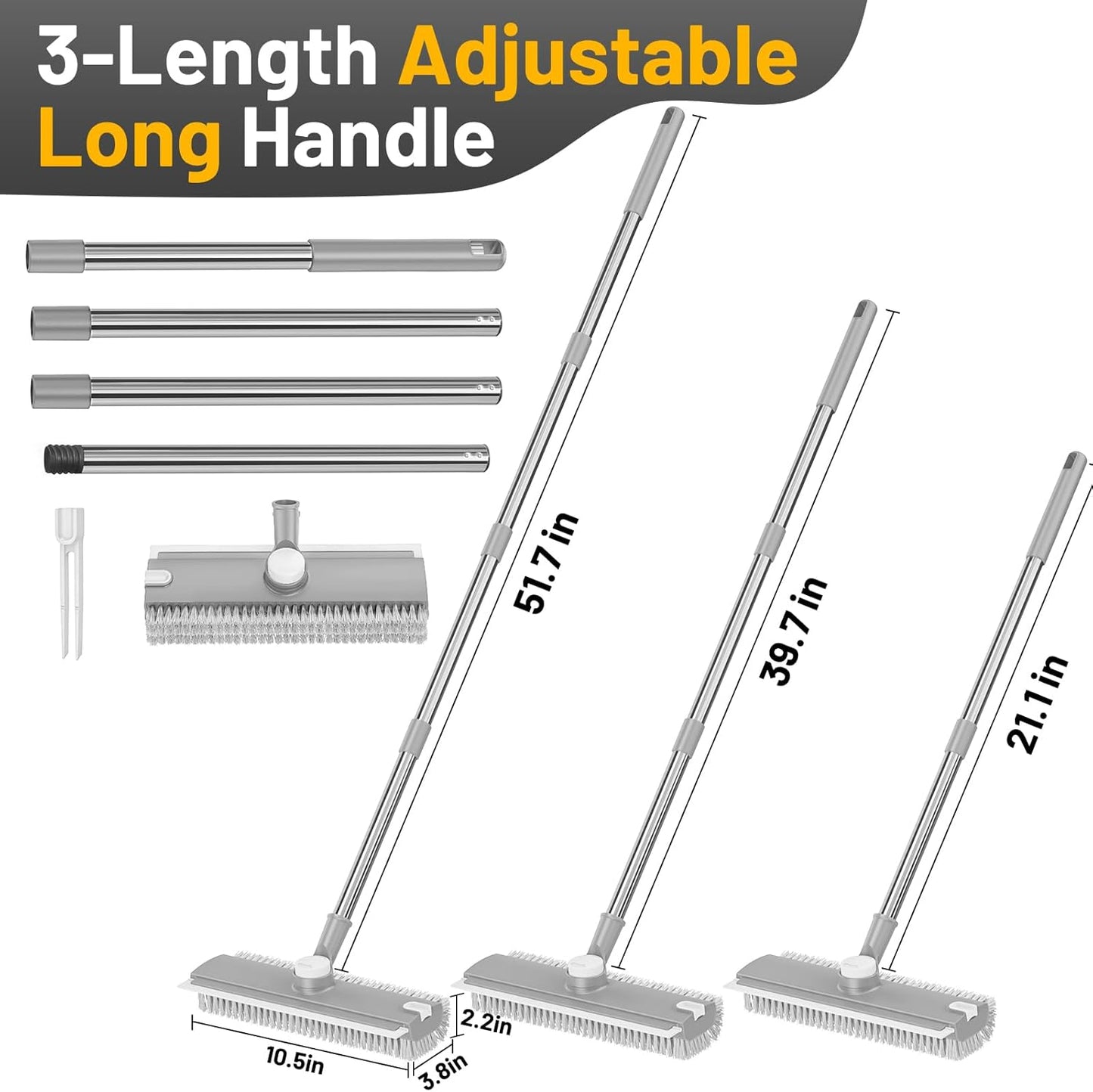 Floor Scrub Brush with Long Handle: 3 in 1 Heavy-Duty Floor Scrubber Brush with Squeegee for Cleaning Tile Bathroom Deck Kitchen Patio - Gray