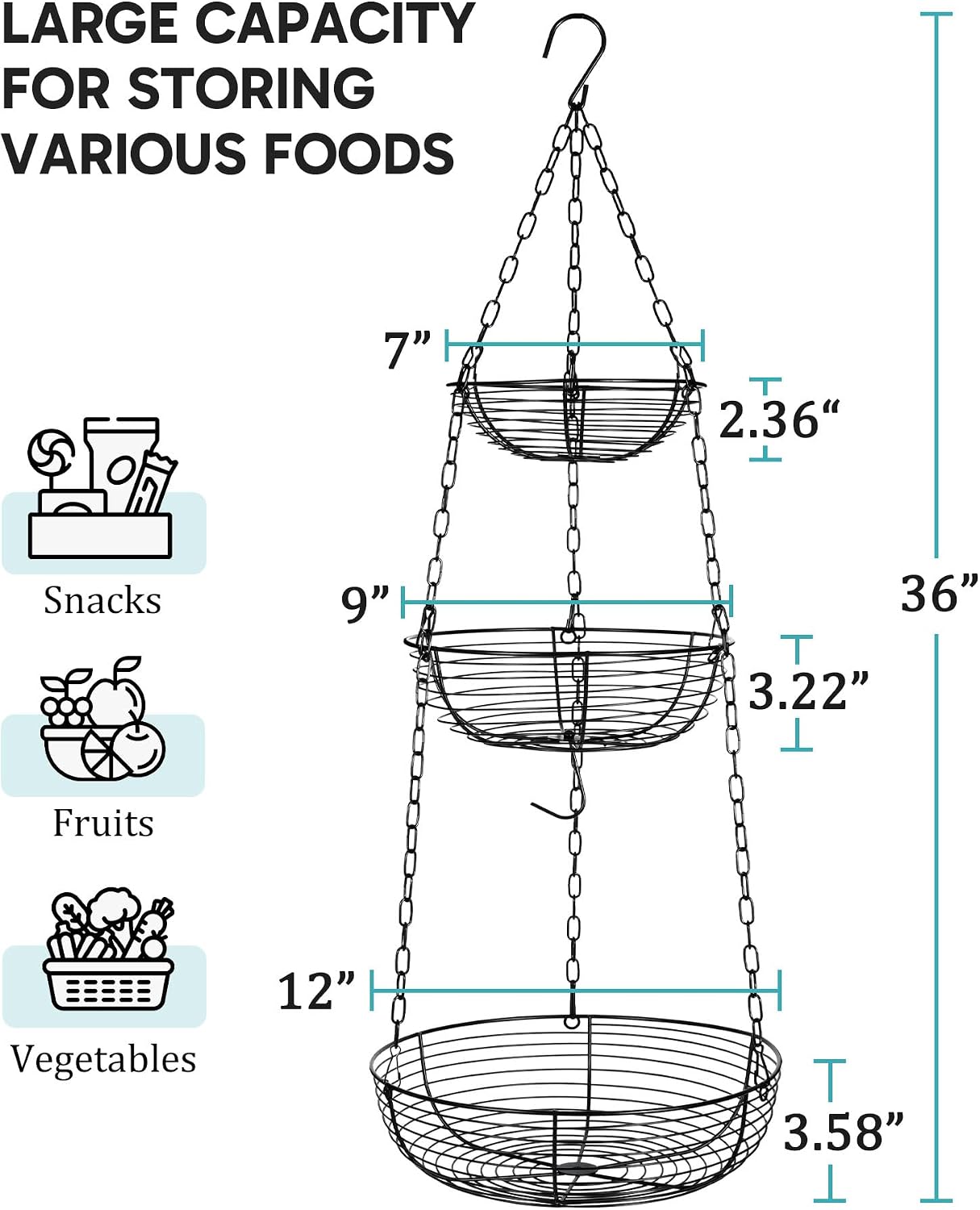 Hanging Fruit Basket for Kitchen, 3-Tier Hanging Fruit Basket | Easy Installation, Ceiling Hook Included, Adjustable Chain, Removable Baskets, Banana Hook, Produce & Vegetable Organizer