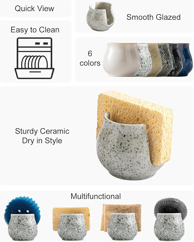 Sponge Holder for Kitchen Sink, Ceramic Dish Sponge Dish Rack Scrubby Caddy - Image 2