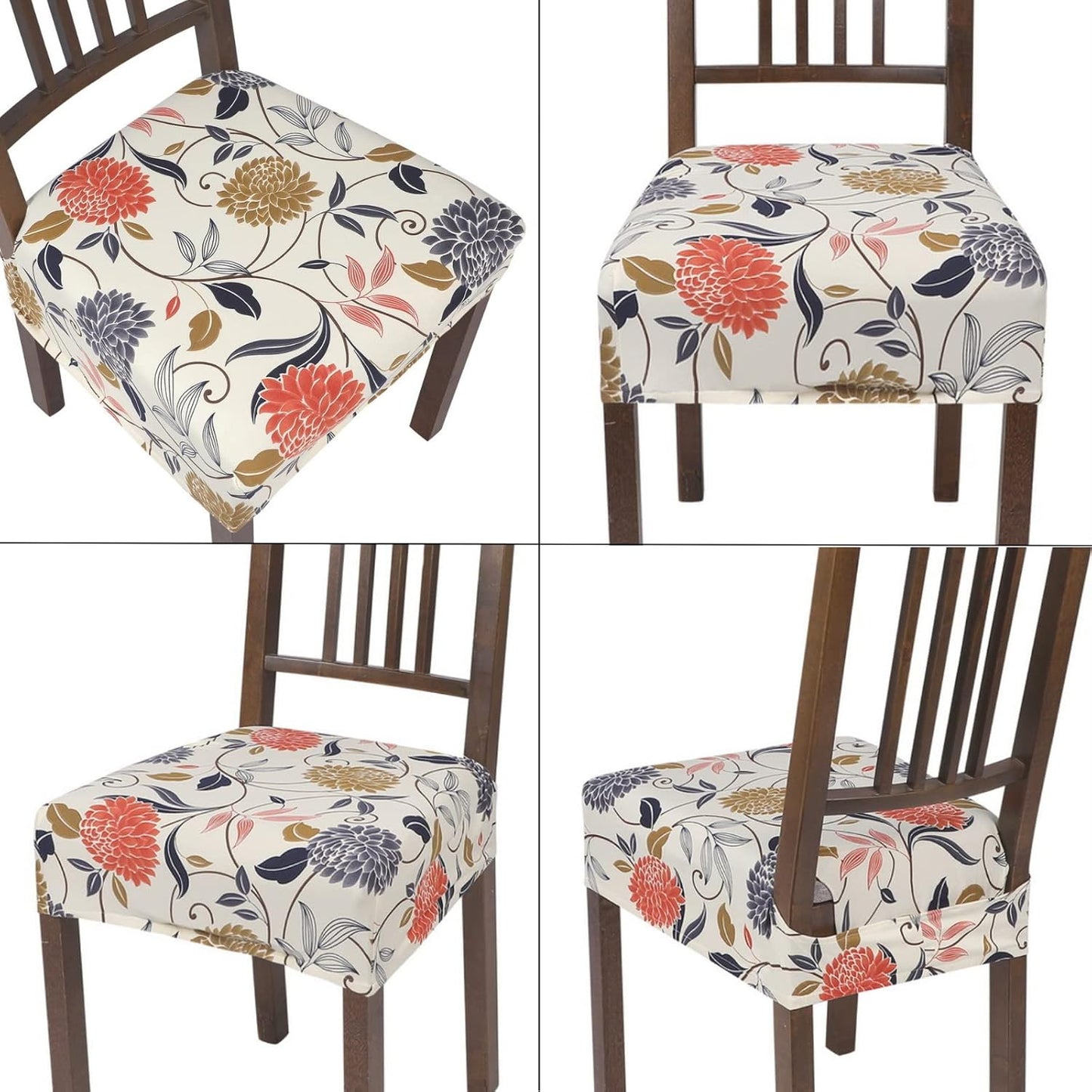 SearchI Stretch Dining Chair Seat Covers Set of 4, Soft Washable Seat Covers for Dining Chairs, Dining Room Seat Cover Protector (Rear-Covered, Orange Flowers)