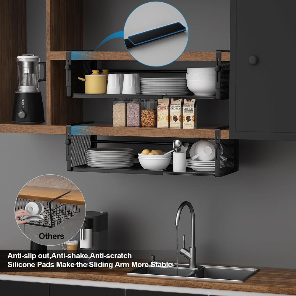 AmonHouseware 2Pack Expandable Under Shelf Storage Basket Organizer,Black