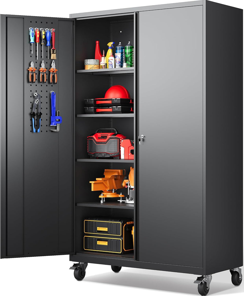 SISESOL Wide & Deep Metal Storage Cabinet with Wheels,Tall Rolling Garage...