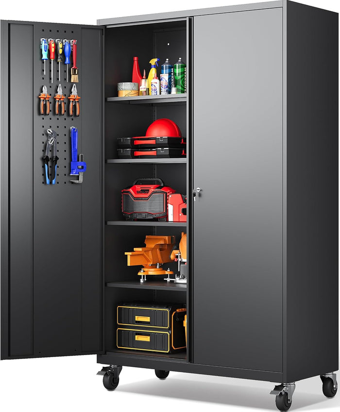 SISESOL Wide & Deep Metal Storage Cabinet with Wheels,Tall Rolling Garage Storage Cabinet with Lock,Black Metal Cabinets with Pegboards and Shelves,Tool Locker for Garage,Home,Office,43''Wx 20''Dx71"H