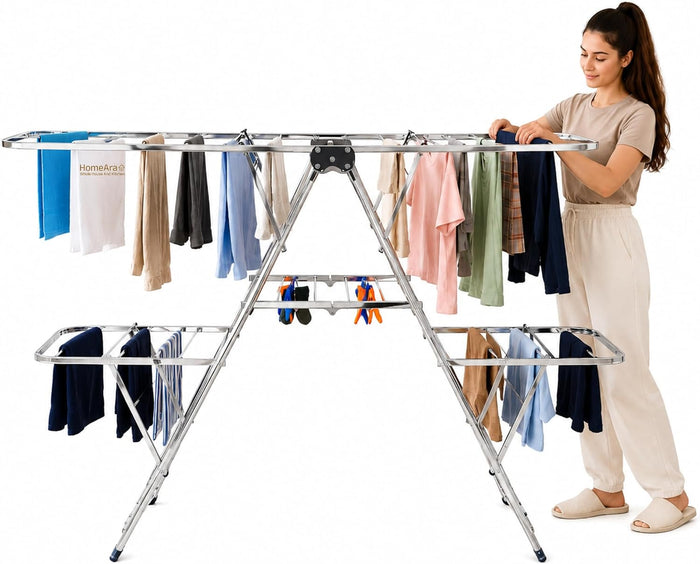 Stainless Steel Cloth Dryer Stand Design for Efficient Drying Space-Saving Foldable Design Winger SS Foldable Clothes Drying Rack Balcony & Home Use Large Double Zig-Zag