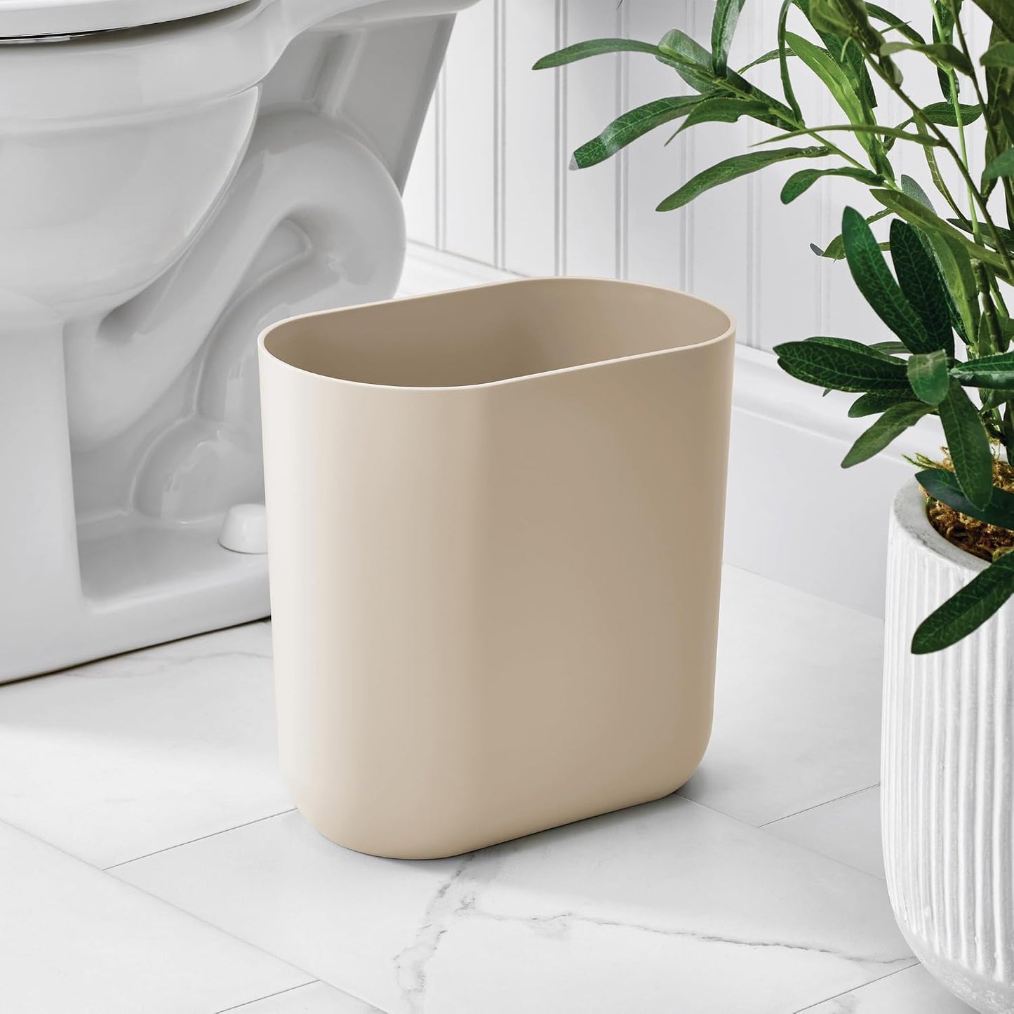 iDesign Small Slim Plastic Bathroom Trash Can, Brown | Garbage Can for Bedroom, Office, Desk, Dorm