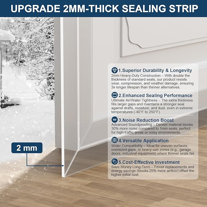 Heavy-Duty 20 ft x 3 in Weather Stripping, Extra Thick 2mm Door Draft Stopper - Image 8