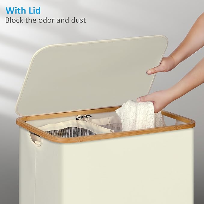 efluky Laundry Hamper with Lid, 160L Tall Laundry Basket with Bamboo Handles