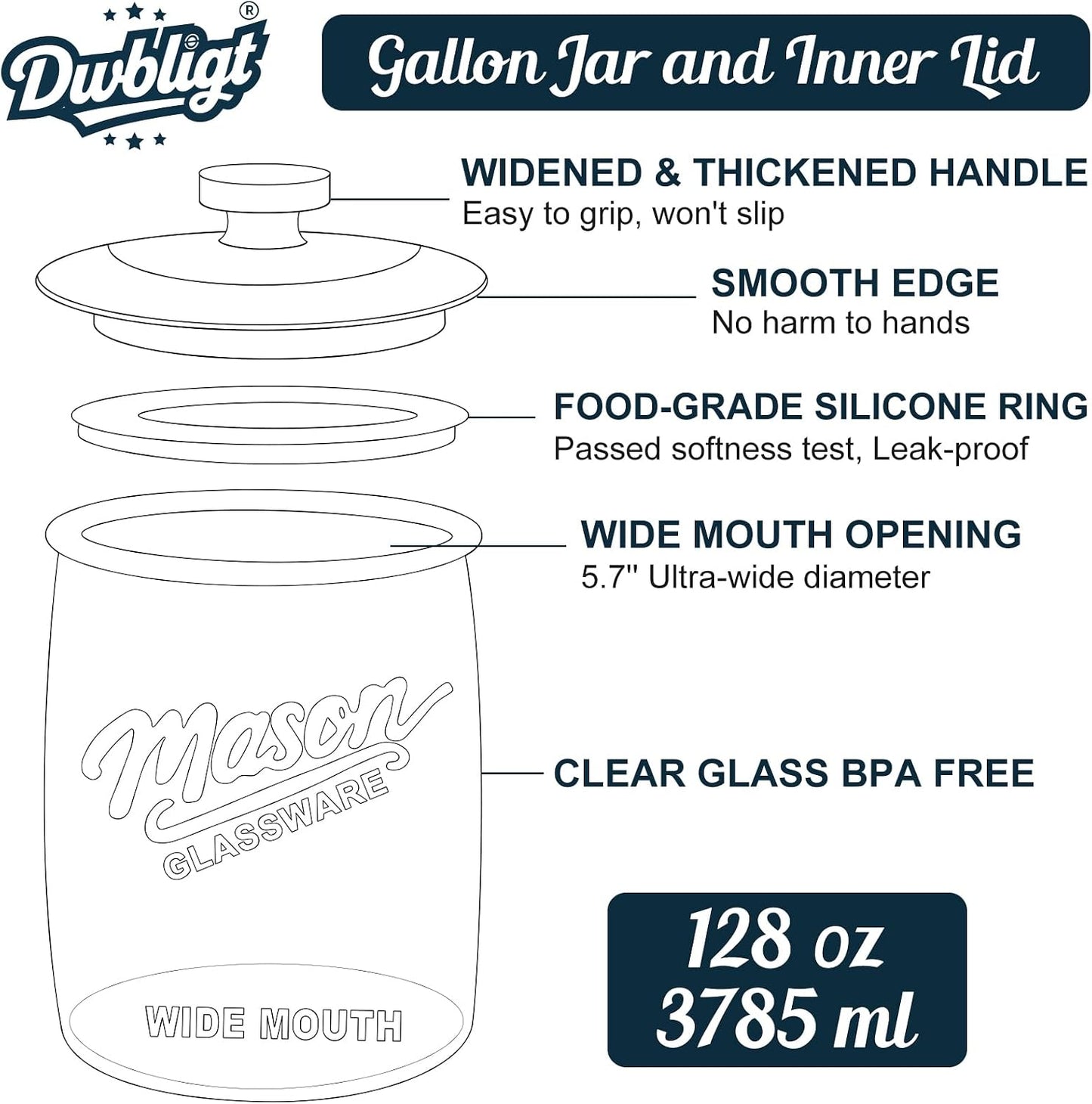 2 Pack Cookie Jar, 1 Gallon Glass Jar with Airtight Lids for Flour | Large Wide Mouth Mason Jar for Kitchen Pantry & Laundry Room, Glass Apothecary Canister Sets for Candy, Rice, Coffee, Display
