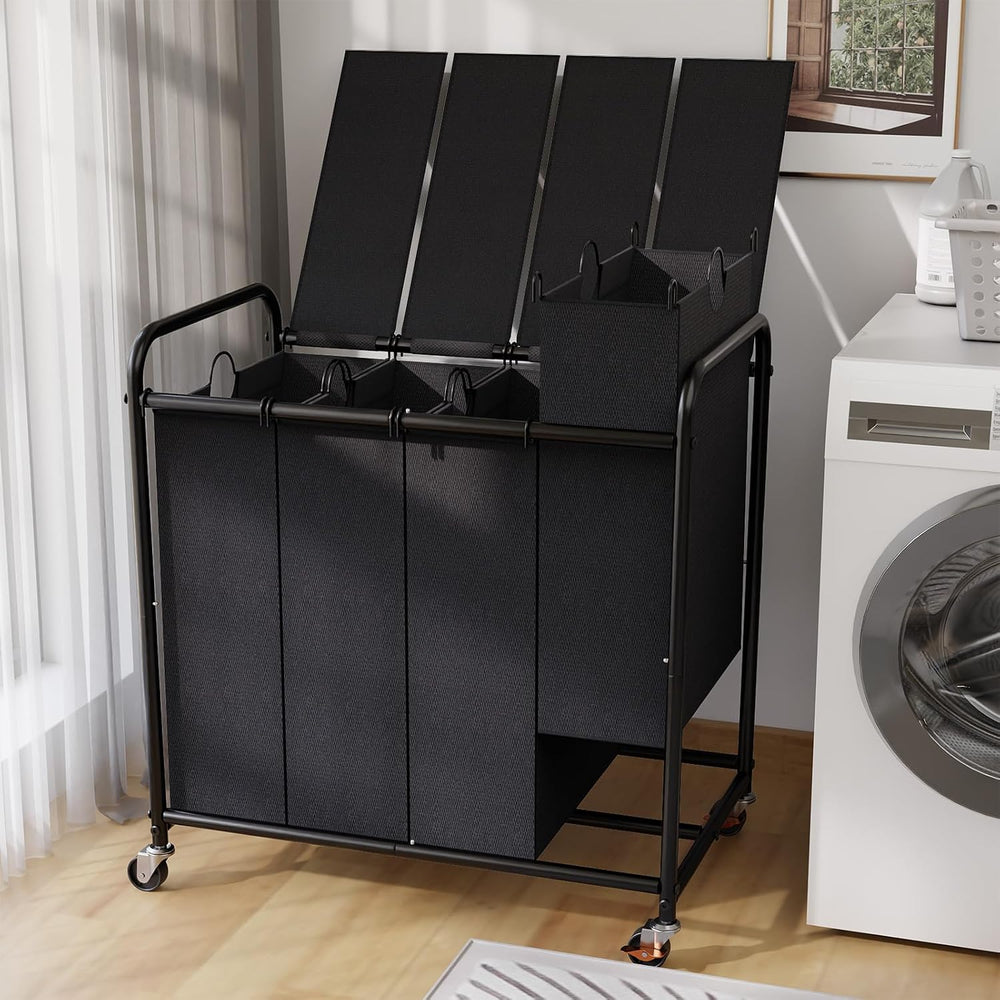 180L Laundry Sorter 4 Section with Lockable Wheels and Lid Black
