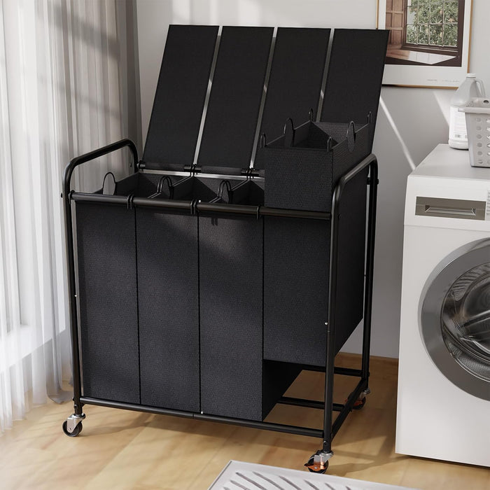 180L Laundry Sorter 4 Section with Lockable Wheels and Lid Black