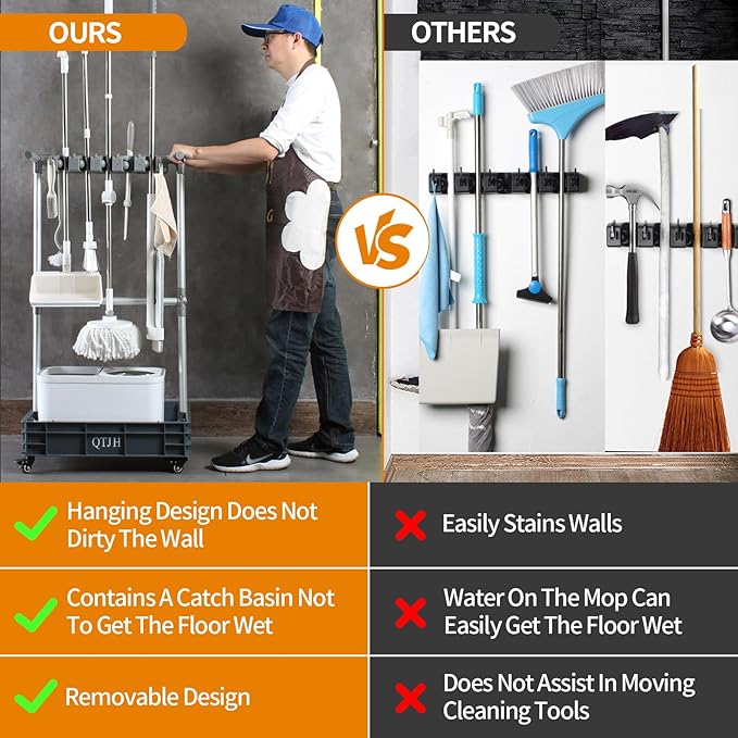 Broom mop holder cleaning supplies organizer janitorial carts on wheels - Image 4