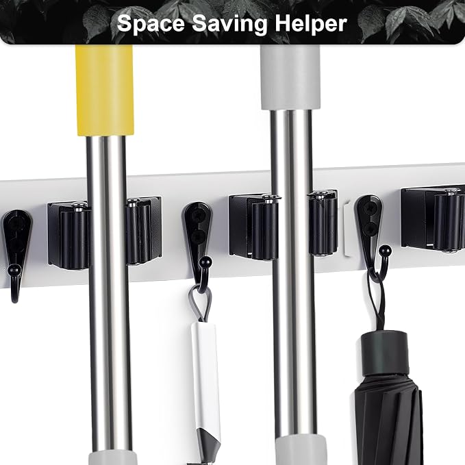Broom Holder Wall Mount With 5 Slots & 4 Hooks，Rustic Wood Broom & Mop - Image 6