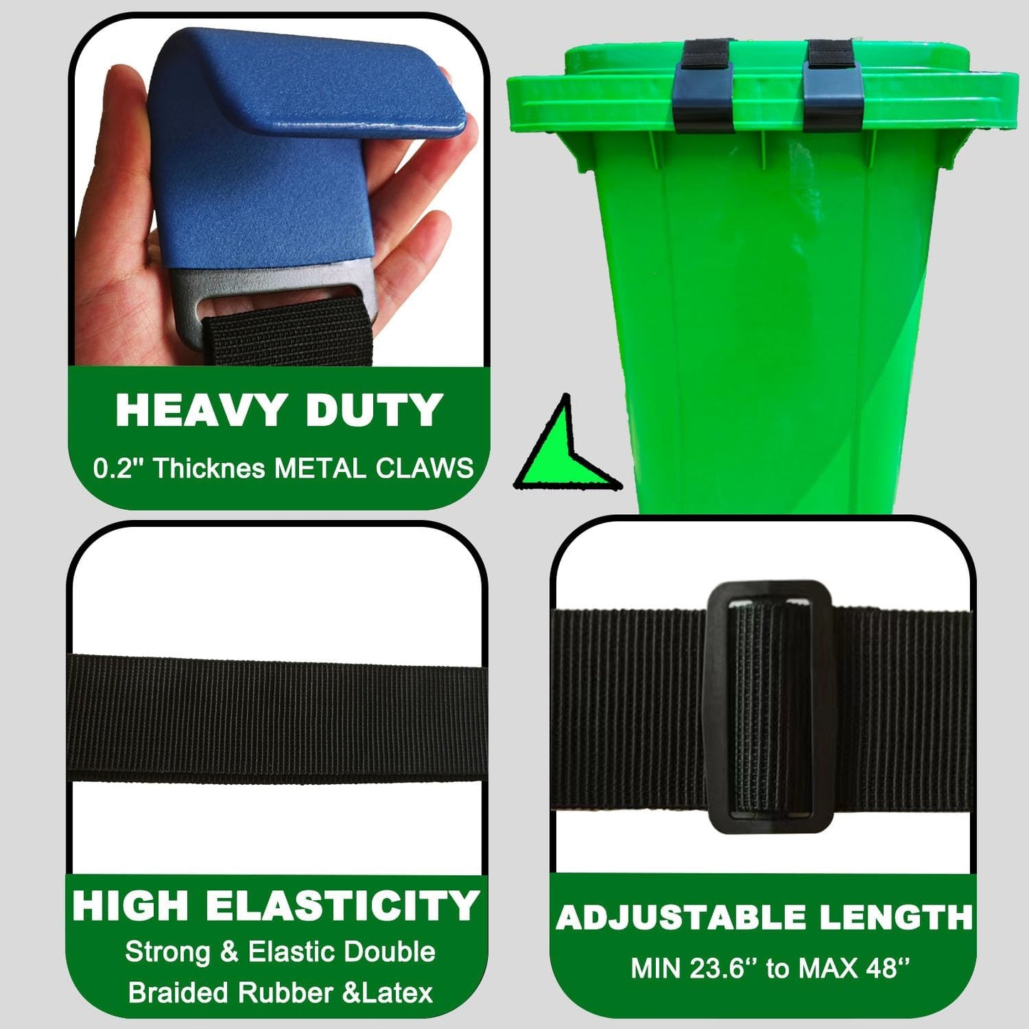 1PC Metal & Rubber Double-Claw Trash Can Bin Lid Lock Straps for Animals, Outdoor Raccoon Garbage Can Bin Lid Locks Bungee Cord for 28-96 Gallons, Black Hooks - Patented Pending