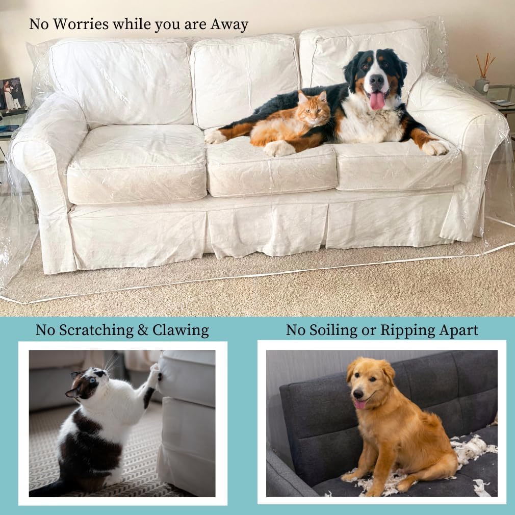Evelots Clear Couch Cover - Thick Heavy Duty Vinyl 3 Seat Sofa Cover for Protection Against Cat & Dog Clawing - Stain & Dust Protector - Waterproof Slipcover for Moving & Storage