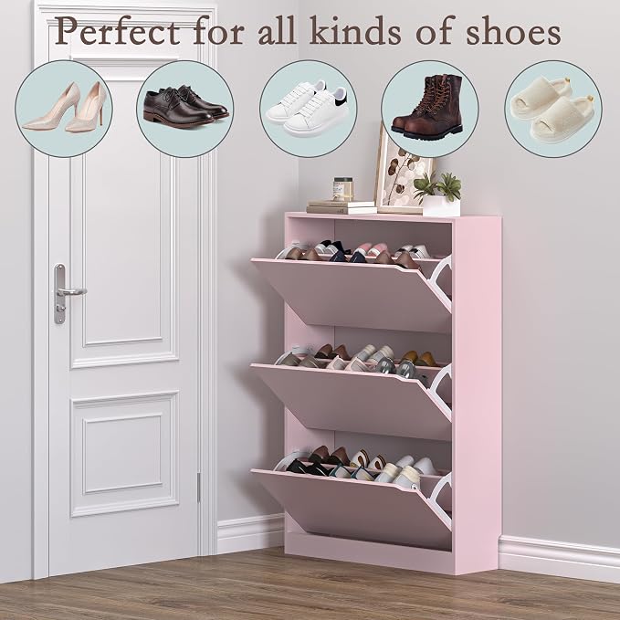 Shoe Cabinet with 3 Flip Drawers, Hidden Wood Shoe Cabinet, Freestanding Shoe - Image 4