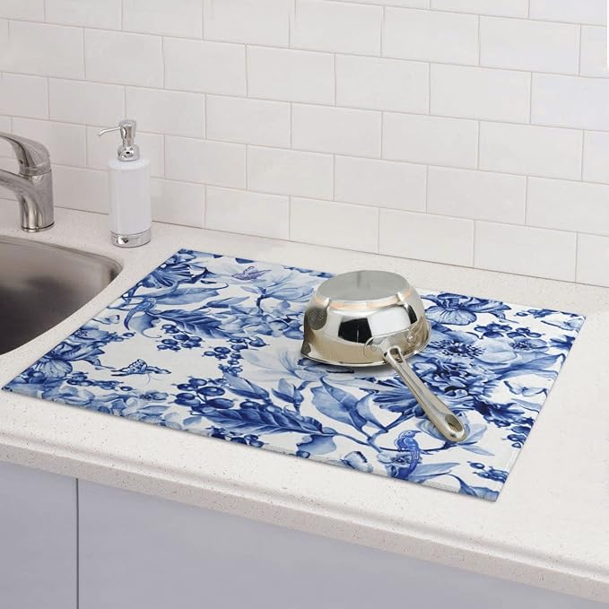 Chinoiserie Blue And White Floral Butterfly Dish Drying Mats - Image 7