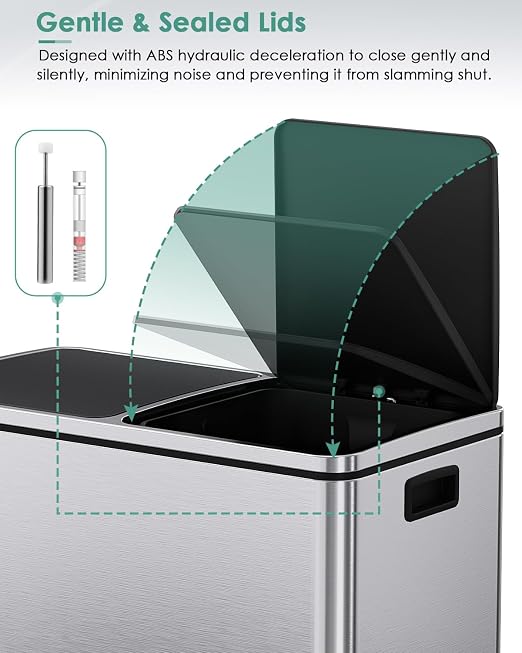 AthLike 60L Dual Trash Can, Stainless Steel Kitchen Garbage Can, Double - Image 3