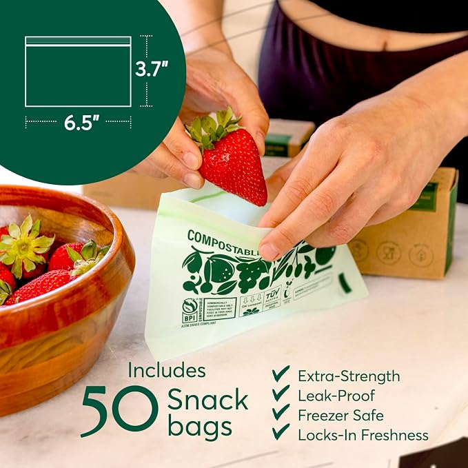 Cleanomic Compostable* Snack Size Food Storage Bags Freezer and Leak Proof - Image 5