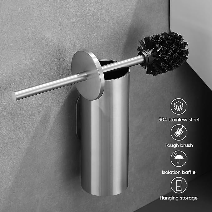 Brushed Stainless Steel Toilet Brush and Cover, No-Punch Hook Base Dual Purpose - Image 6