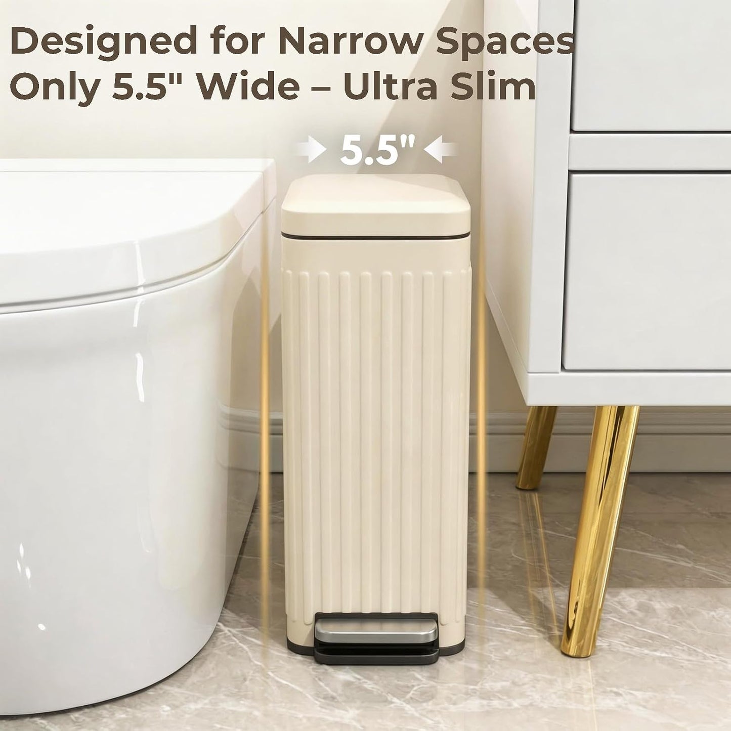 Slim Bathroom Trash Can with Lid 5.5-Inch Wide Fluted Creamy White | Ultra-Slim Bathroom Trash Can Fluted Stainless Steel Soft Close Lid Step Pedal 10L Outer 8L Removable Inner Bucket