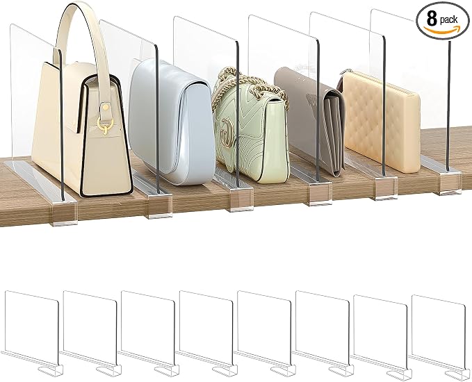 Shelf Dividers Purse Organizer for Closet: 8-Pack Acrylic Bag Storage Organizer by SortNStore