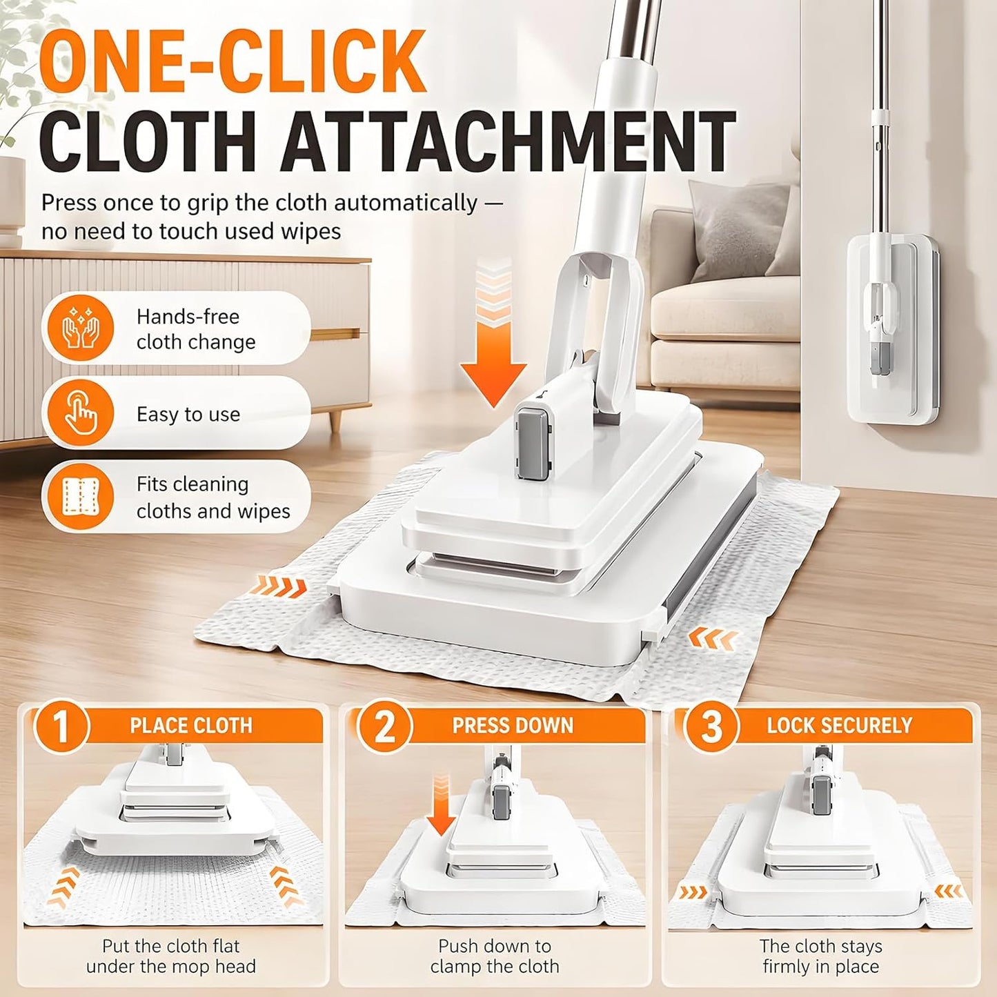 2026 New Hands Free Multi Purpose Flat Mop, Hands Free Flat Mop One Click, Shark Tooth Grip for Any Cloth, Zero Touch Dirty Cloth Release, Long 43.4" Handle with Glass Scraper