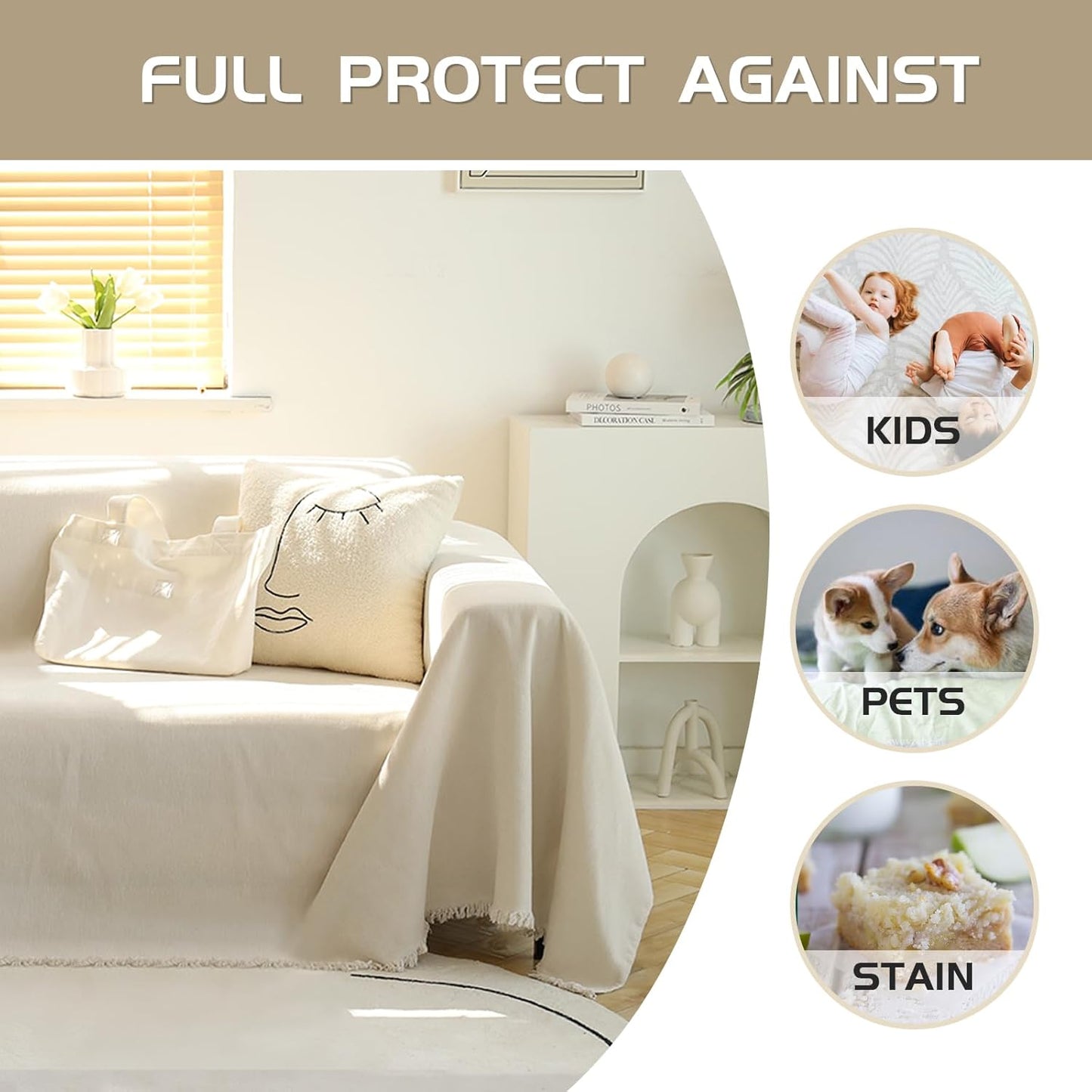 MEETSKY Couch Cover Sofa Covers Couch Covers for 3 Cushion Couch Sofa Pet Friendly, L Shaped Sectional Sofa Covers Washable Simply Put Sofa Throw Cover for Dogs, 91" x 134", Beige