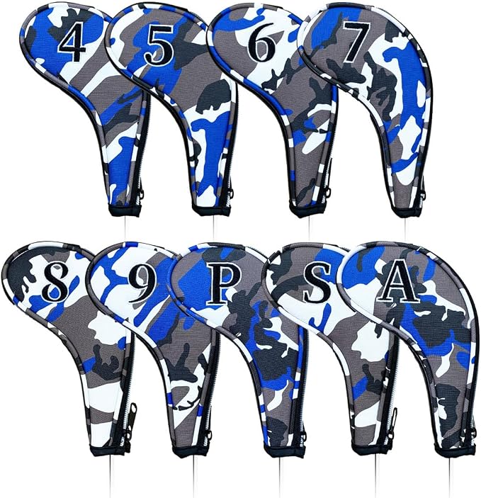 9pcs PU Leather Camouflage Blue Zipper Long Neck Design Golf Iron Headcovers by Mykepoda