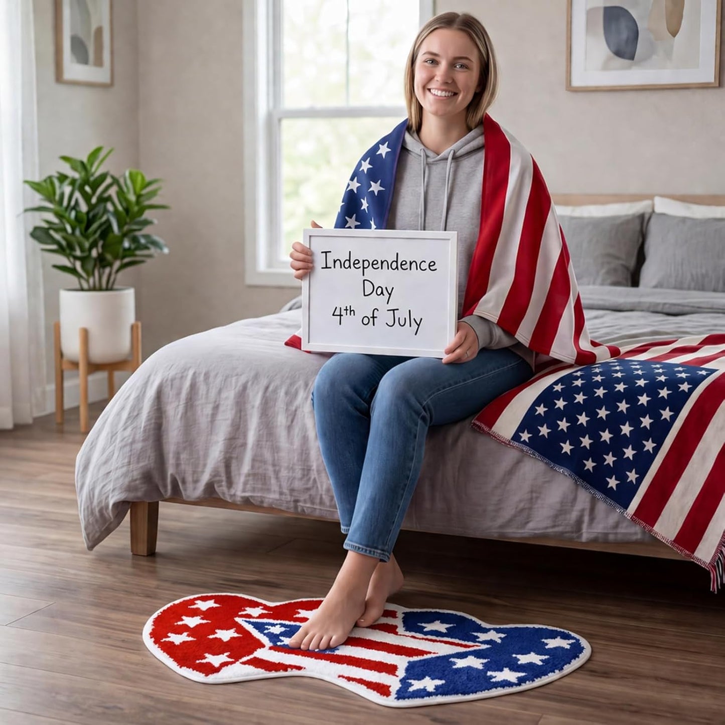 Independence Day Bathroom Rug 35x20 Inch,American Flag Stars Bath Mat with Blue Red Hearts Design, 4th of July Non-Slip Absorbent Bath Rug for Patriotic Bathroom Decor