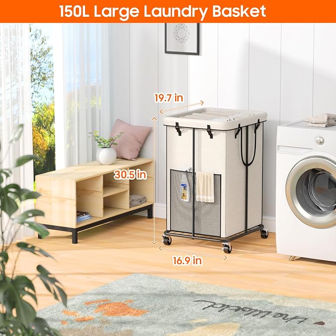 150L Laundry Hamper with Wheels, Rolling Laundry Basket with Metal Frame and - Image 2