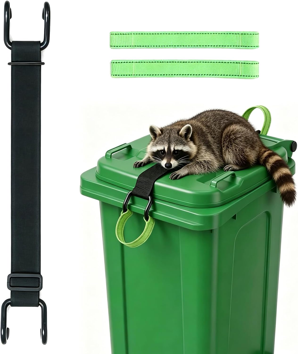 Trash Can Lock - 2 Easy-Pull Tabs for Clean Hands, Bear & Raccoon Proof Lid Lock with Heavy Duty Metal Double Claw Hook, Windproof Adjustable Strap, Fits 28-96 Gal Outdoor Bins