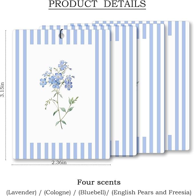 Rustic Blue Floral Car Air Freshener 4 Pcs, Preppy Blue Striped Flower Hanging - Image 4