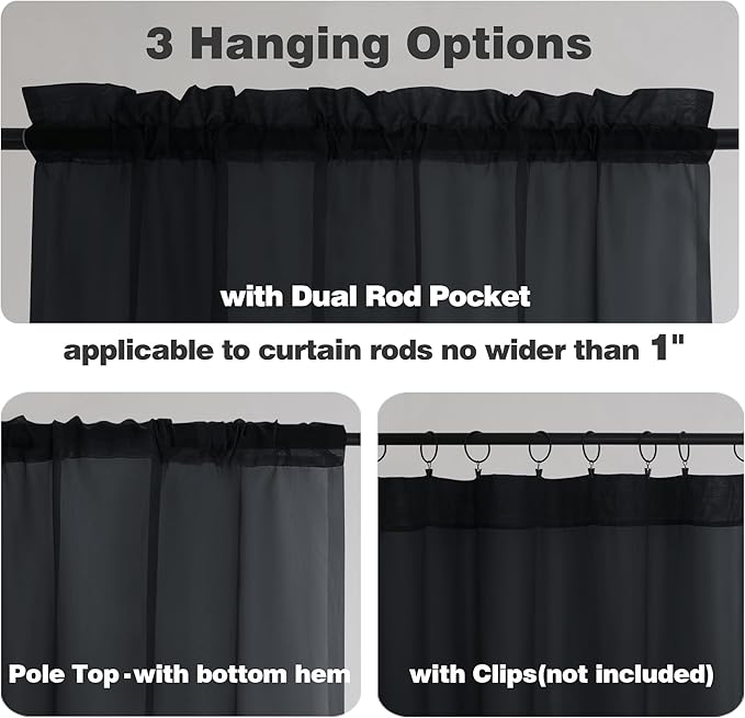 Chyhomenyc Black Sheer Curtains 84 Inches Long 2 Panels, Light Filtering Black - Image 3