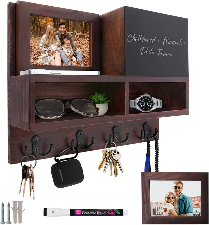 Spacelog Key and Mail Holder for Wall with Chalkboard – Magnetic Photo Frame Key Holder Wall Mount, Dark Walnut, Dual Storage & Cupboards Mail and Key Organizer for Wall