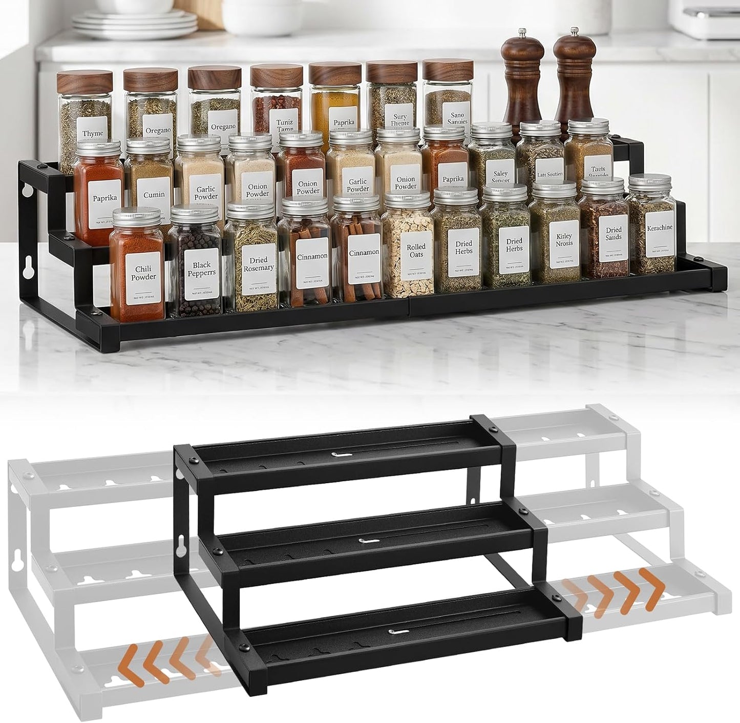 Expandable Spice Rack Organizer for Cabinet, 3-Tier Metal Spice Shelf | Expandable 16"-29", Anti-Separation Sliding Design, Organizes Jars, Bottles & Seasonings, Easy Assembly