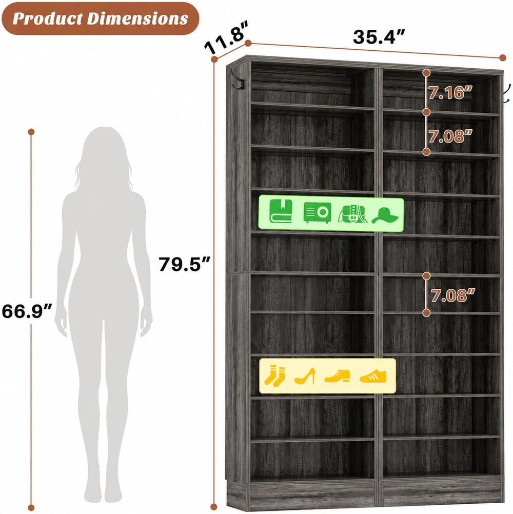 Aheaplus 10 Tiers Narrow Shoe Cabinet Set of 2, 35.4" Tall Wood Shoe Rac...