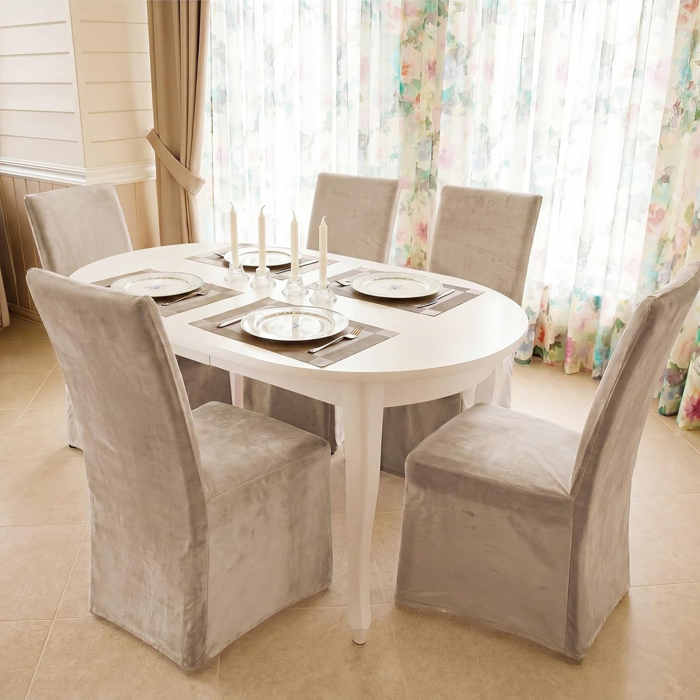 Moukeren Set of 4 Velvet Stretch Chair Covers Stretch Slipcovers Fur Chairs Cover Soft Removable Long Solid Slipcover for Wedding Dining Room (Grayish Brown)