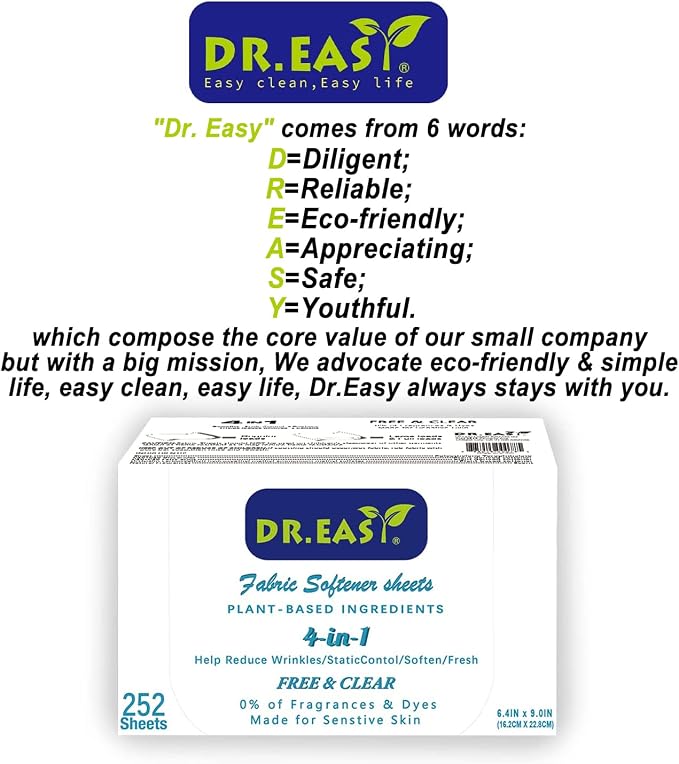 DR.EASY Dryer Sheets Plant Based Formula 252 Ct Fabric Softener sheets - Image 7