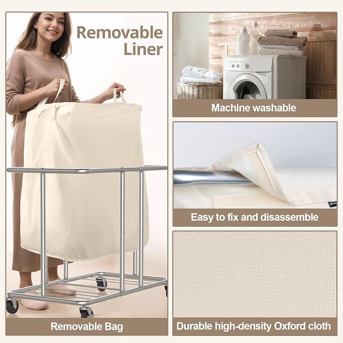 230L Rolling Laundry Hamper, 2-Section Laundry Basket - Image 4