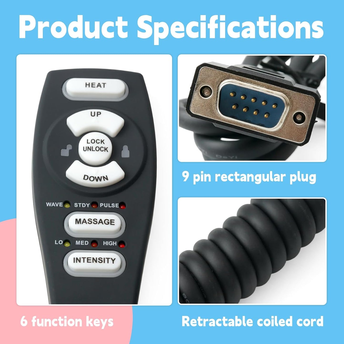 HC-2802 Lift Chair Hand Control Compatible with Raffel Systems, Replace HC-2802-HM3 HC-2802-FR3 HC-2802HL-PR3 HC-2802-GT3 7051-3 9-Pin 6 Button Black Heat Massage Recliner Parts